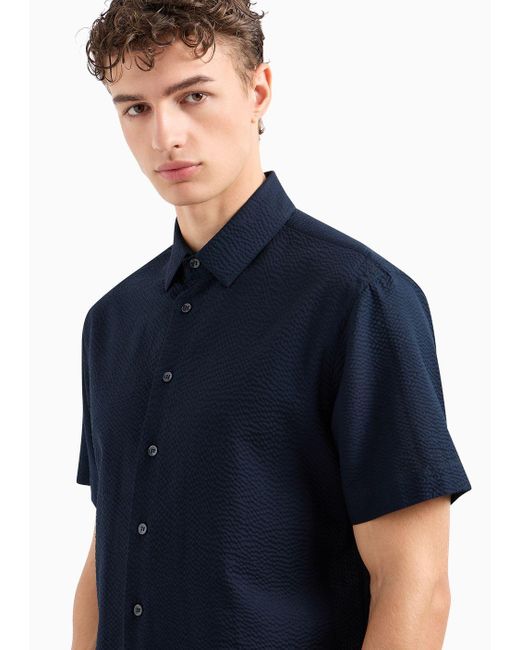 Giorgio Armani Blue Cotton Seersucker Shirt In A Regular Fit With Short Sleeves for men