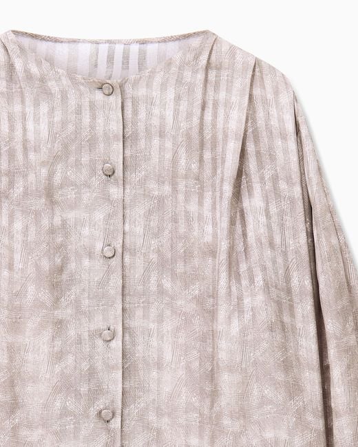 Giorgio Armani Pink Blouse Collarless Printed Silk Shoulder Pleats Wide Stripes