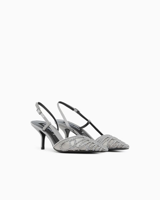 Giorgio Armani White Decollete Shoe Leather And Mesh With Satin And Rhinestones