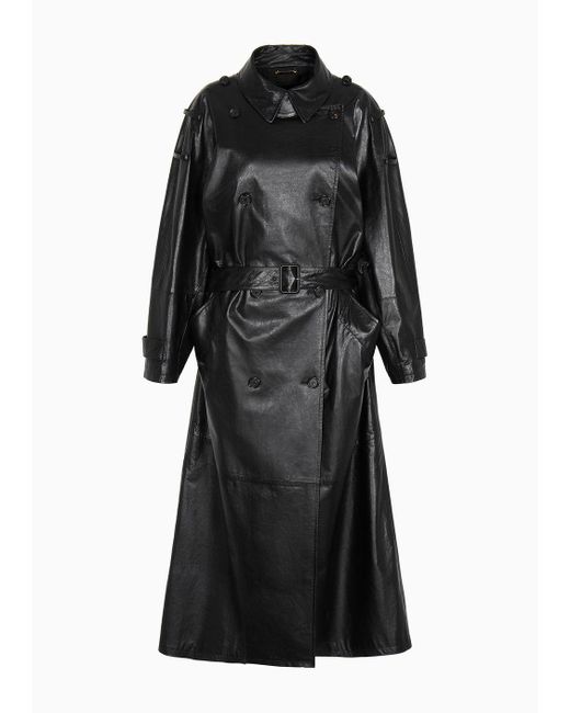 Giorgio Armani Black Double-breasted Nappa Leather Oversized Trench Coat