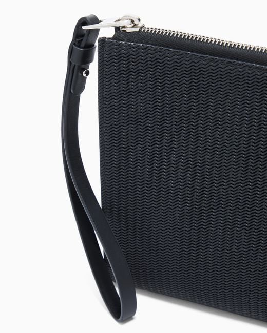 Giorgio Armani Black Leather Pouch With Wave Print And Wrist Strap for men