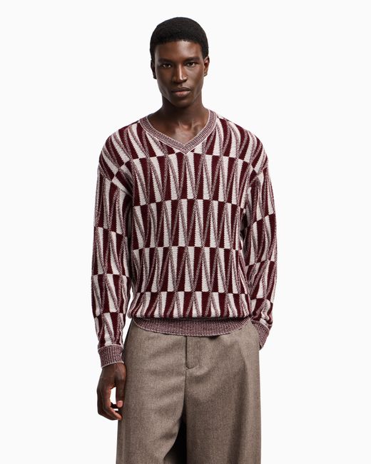 Giorgio Armani Red Geometric V-Neck Cashmere-Blend Sweater for men