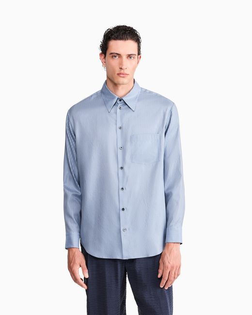 Giorgio Armani Blue Striped Cotton And Silk Shirt With Chest Pocket for men