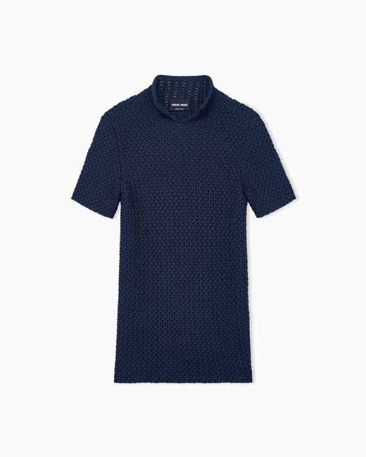 Giorgio Armani Blue Slim Fit Short Sleeve Viscose Sweater With Honeycomb Effect