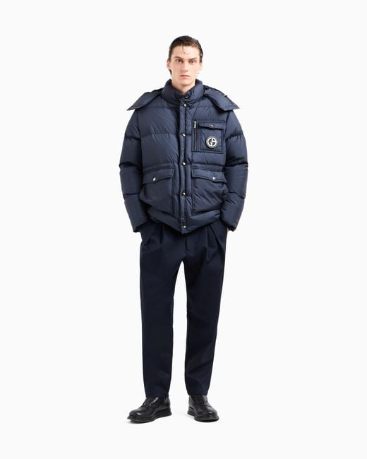 Giorgio Armani Blue Hooded Bomber Jacket With Goose-Down Padding Asv for men