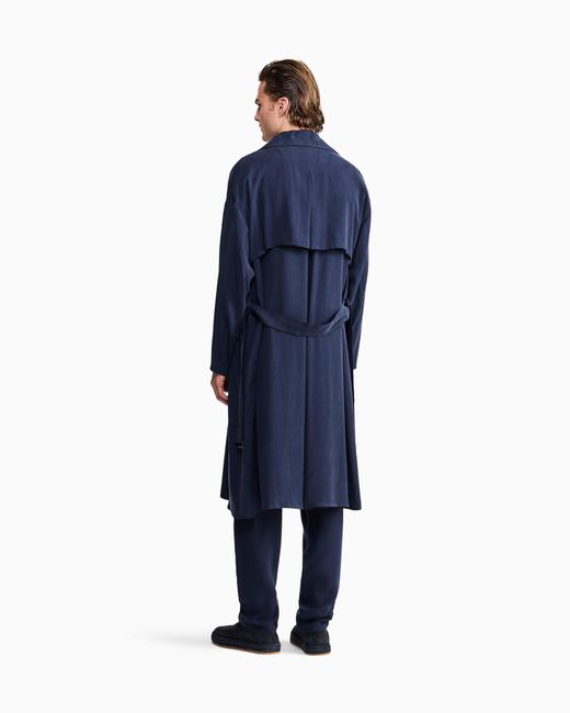 Giorgio Armani Blue Double-Breasted Washed Cupro Coat With A Belt Icon for men