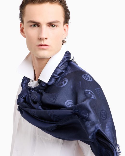 Giorgio Armani Blue Monogram Jacquard Virgin-Wool And Silk Stole for men