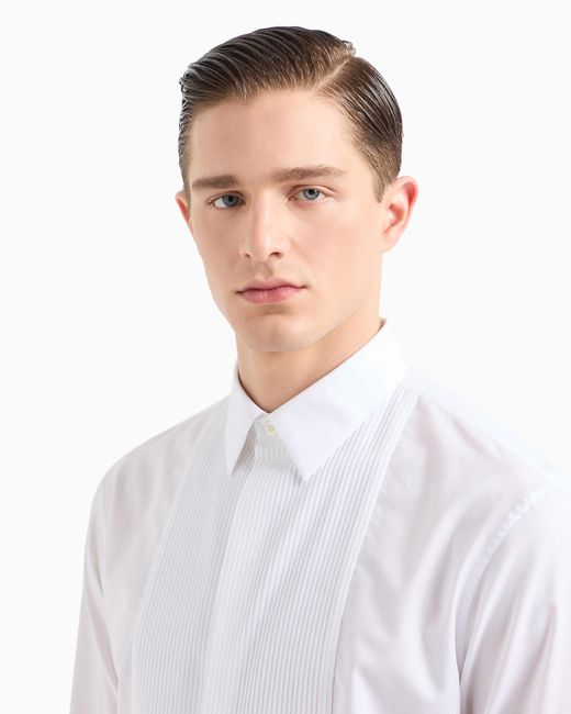 Giorgio Armani White Cotton Tuxedo Shirt With Pleated Detail for men