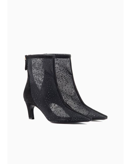 Giorgio Armani Black Suede Ankle Boots With Tulle And Rhinestones