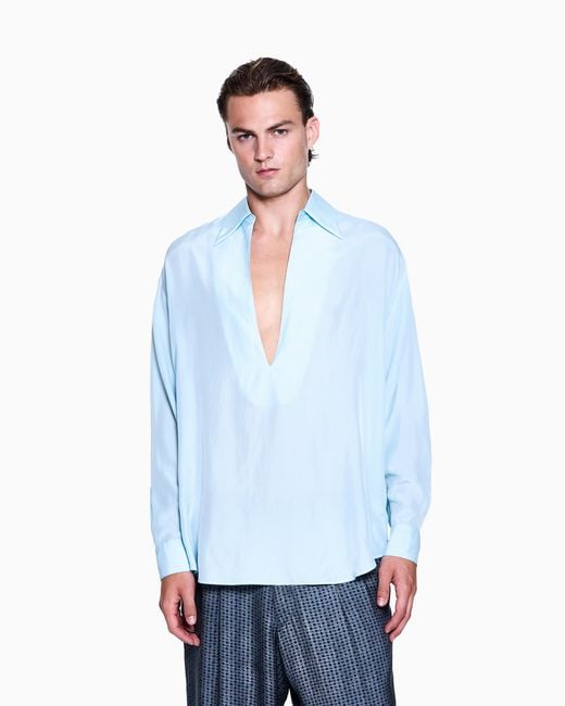 Giorgio Armani Blue Open Silk Shirt for men