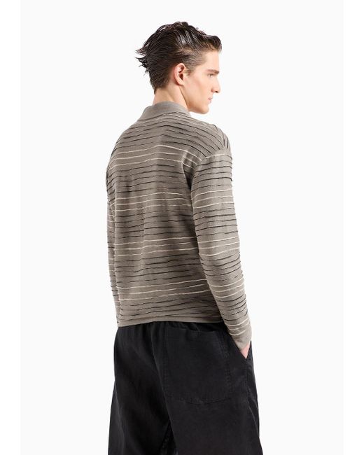 Giorgio Armani Gray Long-sleeved Polo Shirt In Linen, Cotton And Viscose Jersey Jacquard for men