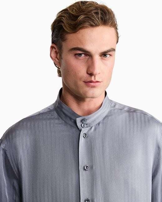 Giorgio Armani Blue Shirt Regular Fit Viscose Silk Chevron Jacquard Iridescent for men