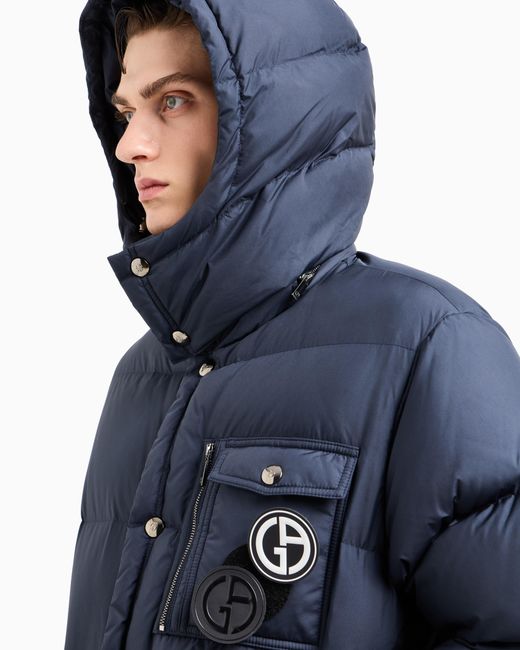 Giorgio Armani Blue Hooded Bomber Jacket With Goose-Down Padding Asv for men