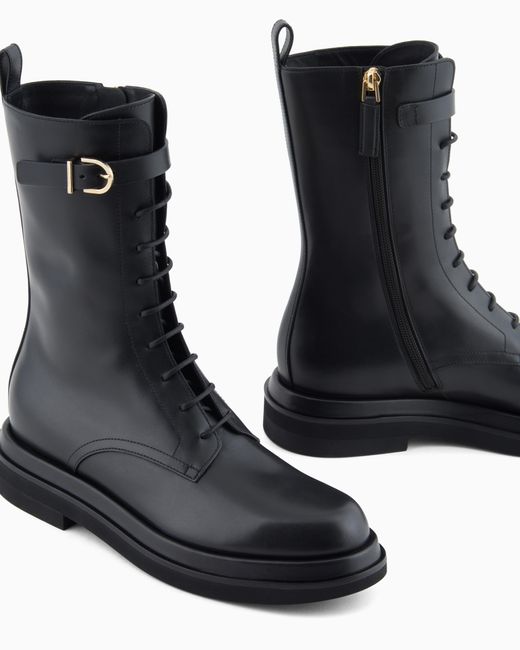 Giorgio Armani Black Smooth Leather Combat Boots