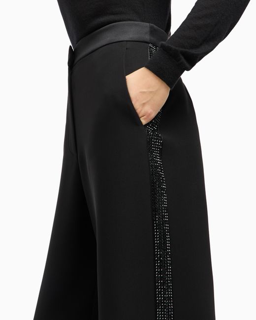 Giorgio Armani Black Wide-Leg Silk Trousers With Rhinestone Details