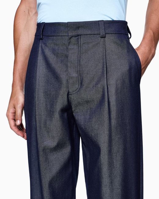 Pantalones Con Una Pinza, En Algodón Y Seda Con Efecto Denim Giorgio Armani de hombre de color Blue