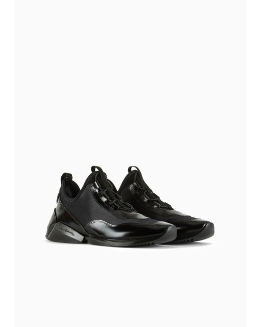 Giorgio Armani Black Glossy Calfskin And Nylon Sneakers