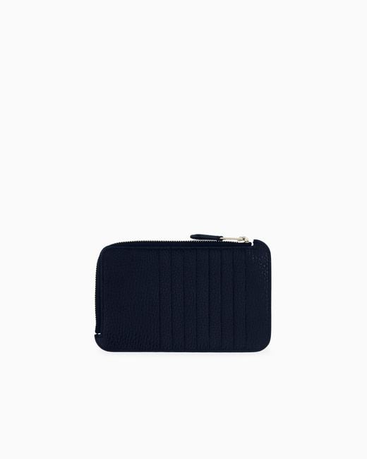 Giorgio Armani Blue Half Zip-Around Granulated Leather Wallet With Logo Pocket