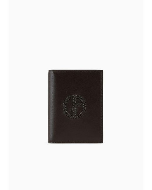 Giorgio Armani Black Leather Bifold Passport Holder With Embroidered Logo for men