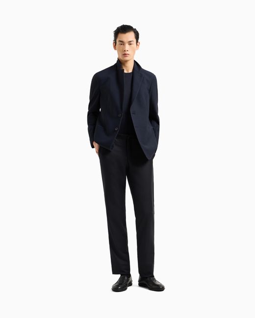 Giorgio Armani Blue Short Cashmere Jumper With Topstitched Crew Neck Icon for men