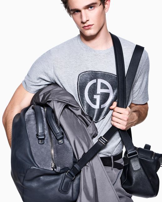 Giorgio Armani Blue Vintage-Effect Pebbled Nappa-Leather Duffel Bag for men