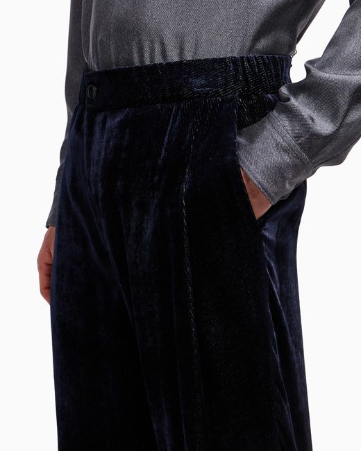 Giorgio Armani Blue Giorgio's Single-Pleat Velvet Trousers With A Diagonal Print for men