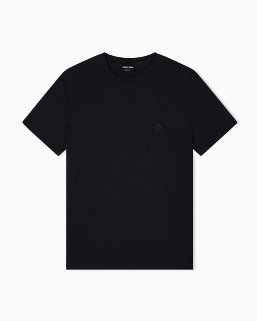 Giorgio Armani Black Cotton Crew Neck T-Shirt With Embroidered Logo for men