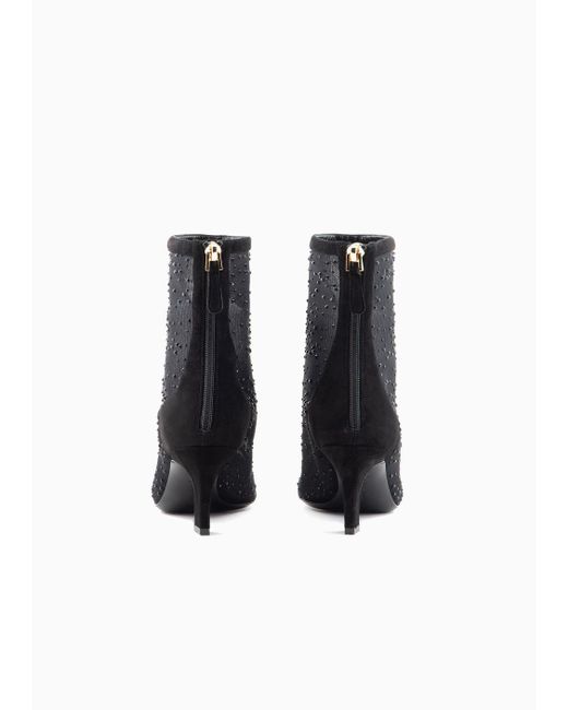 Giorgio Armani Black Suede Ankle Boots With Tulle And Rhinestones