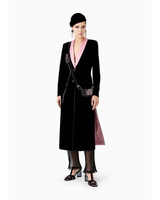 Giorgio Armani Black Single-breasted Velvet Coat With Floral Embroidery