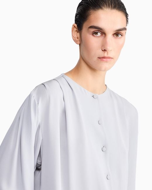 Giorgio Armani Blue Blouse Triple Silk Georgette Collarless With Pleats