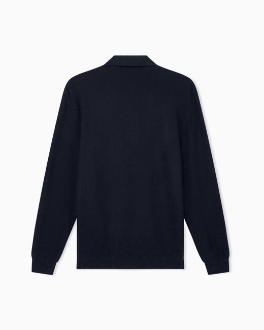 Giorgio Armani Blue Knit Polo Regular Fit Honeycomb Stitch Virgin Wool for men
