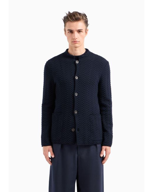 Giorgio Armani Blue Single-breasted Jacket In Chevron Ottoman Wool for men