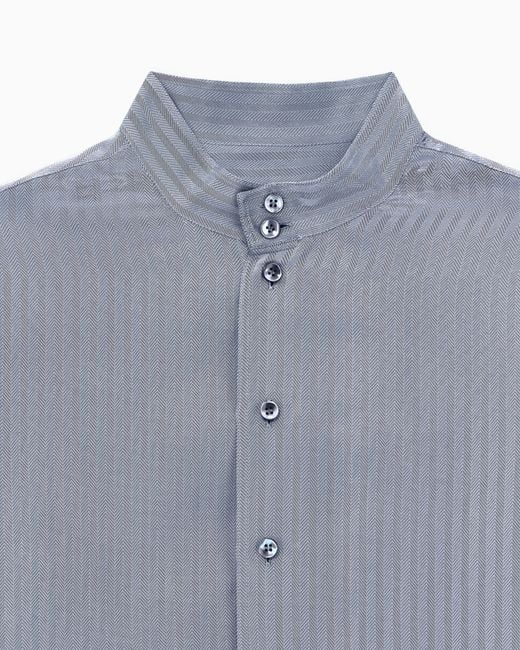 Giorgio Armani Blue Shirt Regular Fit Viscose Silk Chevron Jacquard Iridescent for men