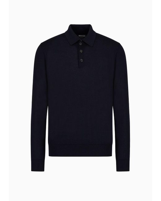 Giorgio Armani Blue Long-sleeved Polo Shirt In Virgin Wool for men