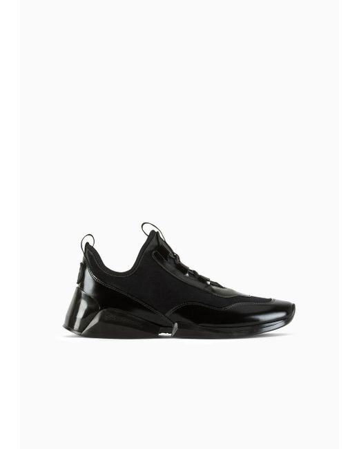 Giorgio Armani Black Glossy Calfskin And Nylon Sneakers