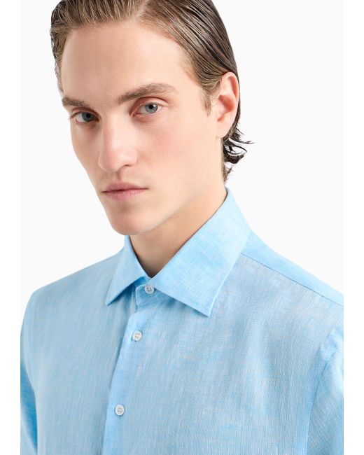 Camicia Regular Fit In Lino di Giorgio Armani in Blue da Uomo