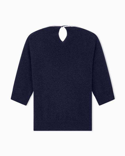 Giorgio Armani Blue Sweater Cashmere Microcrystals Trim Short-Sleeve