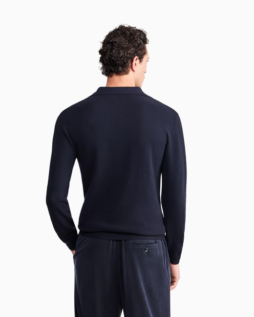 Giorgio Armani Blue Knit Polo Regular Fit Honeycomb Stitch Virgin Wool for men
