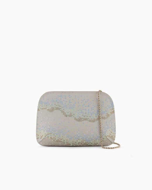 Giorgio Armani Gray La Prima Satin And Rhinestone Clutch Bag With Wave Motif