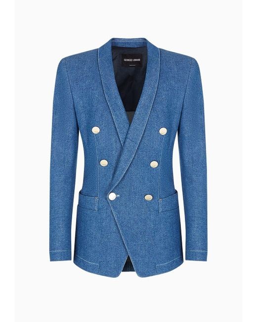 Giorgio Armani Blue Denim Collection Double-breasted Jacket In Stretch Cotton Denim