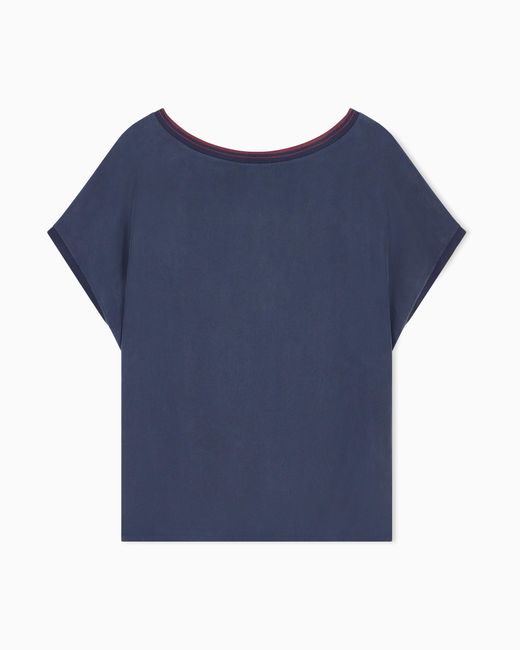 Giorgio Armani Blue Blouse Regular Fit Heavy Washed Silk Ribbed Crew Neck