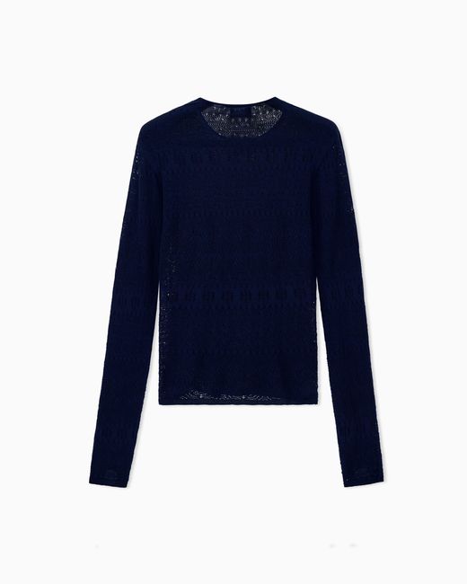 Giorgio Armani Blue Sweater Slim Crew Neck Stretch Cotton Lace