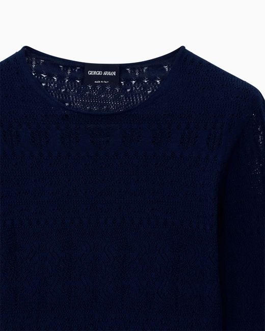 Giorgio Armani Blue Sweater Slim Crew Neck Stretch Cotton Lace