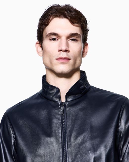 Giorgio Armani Blue Nappa Leather Blouson With Zip for men