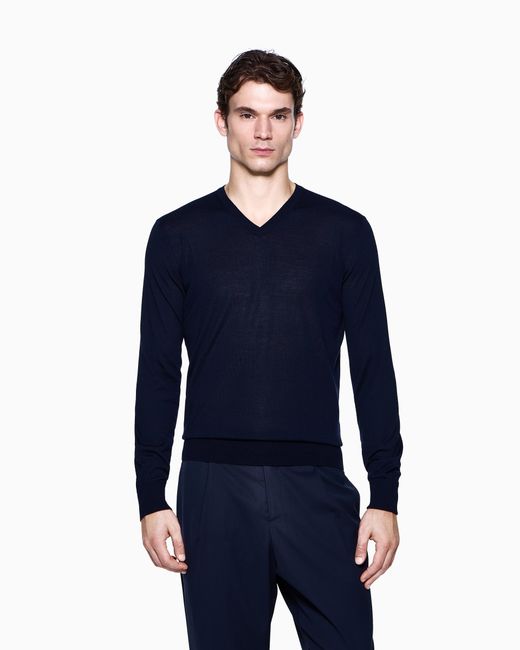Giorgio Armani Blue Virgin Wool Crew Neck Sweater With Ribbed Trims for men