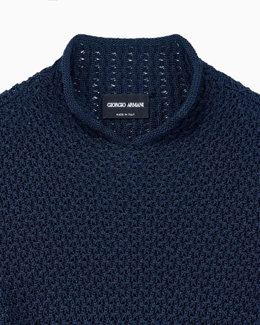 Giorgio Armani Blue Slim Fit Short Sleeve Viscose Sweater With Honeycomb Effect