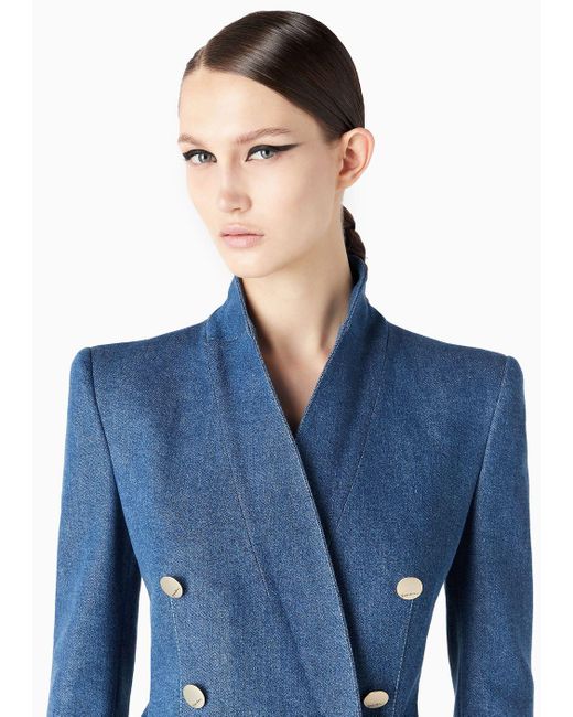 Giorgio Armani Blue Denim Collection Double-breasted Jacket In Stretch Cotton Denim