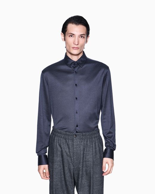 Giorgio Armani Blue Slim-Fit Micro-Jacquard Silk And Cotton Jersey Shirt for men