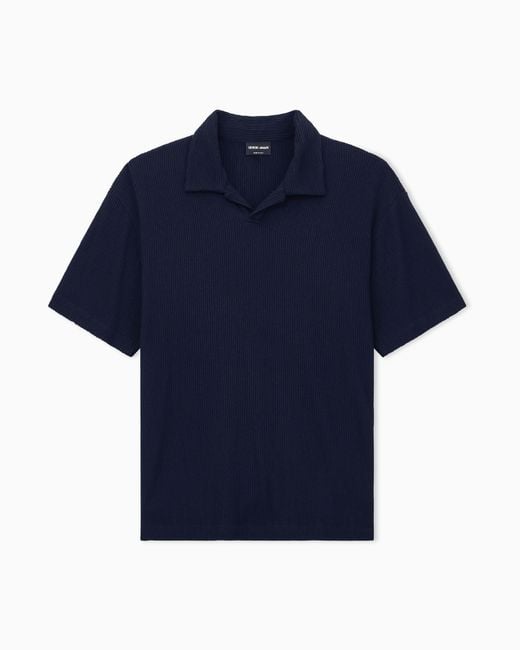 Giorgio Armani Blue Polo Shirt Regular Fit Viscose Seersucker Jersey for men