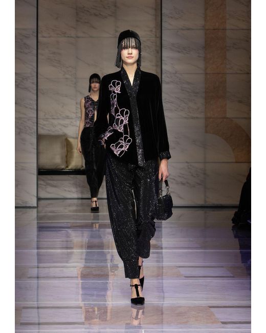Giorgio Armani Black High-rise Trousers With All-over Crystal Embroidery